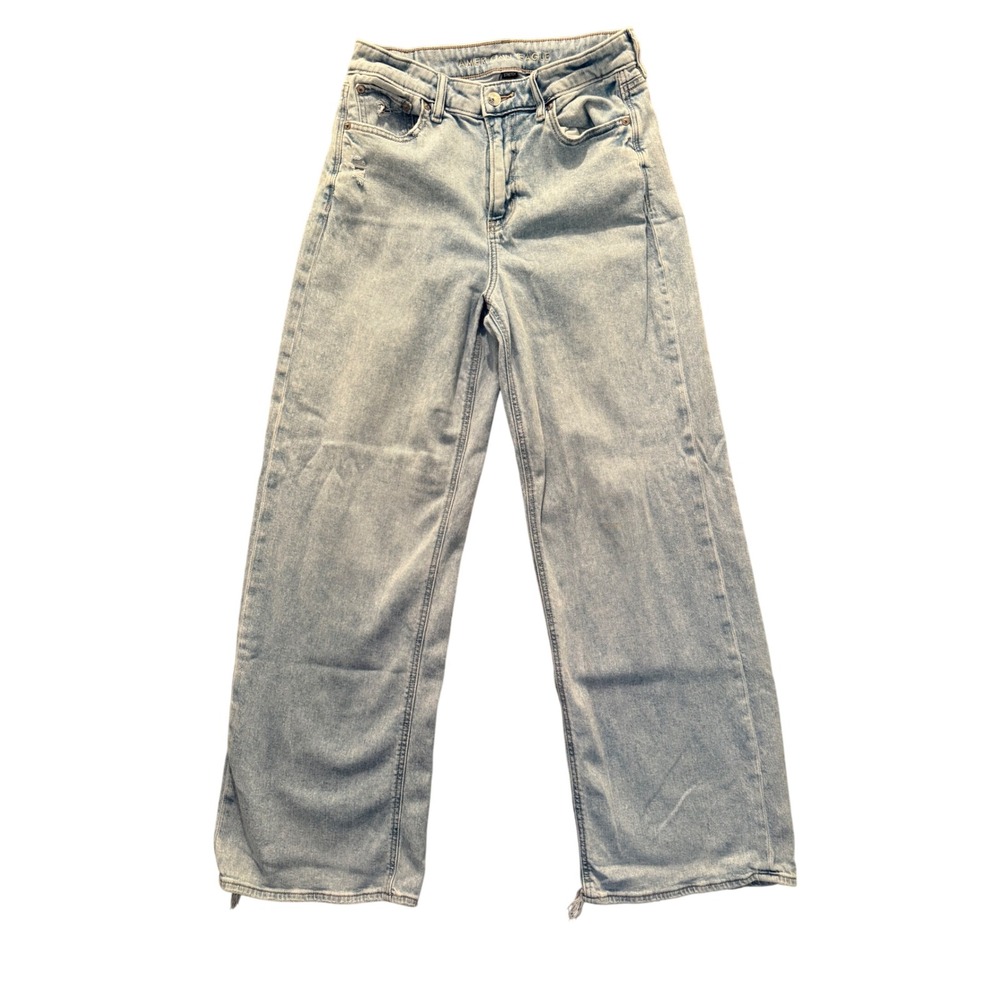 American Eagle Wide Leg Jeans Light Wash Distressed High Rise Size 4 Regular